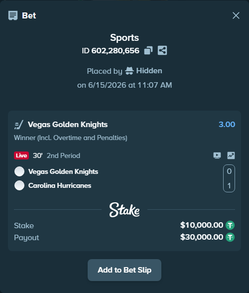 Bet slip: Vegas Golden Knights - Carolina Hurricanes, $10,010.00 stake at 3.00 odds, placed by Hidden