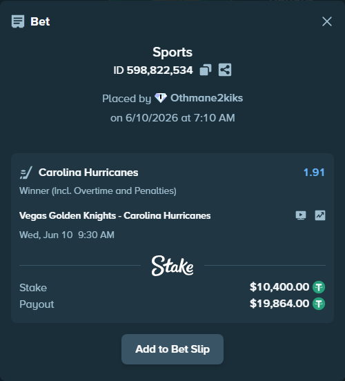 Bet slip: Vegas Golden Knights - Carolina Hurricanes, $10,410.40 stake at 1.91 odds, placed by Othmane2kiks