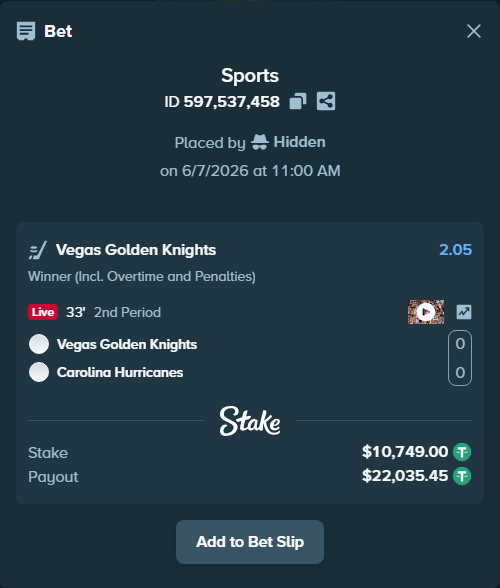Bet slip: Vegas Golden Knights - Carolina Hurricanes, $10,749.00 stake at 2.05 odds, placed by Hidden