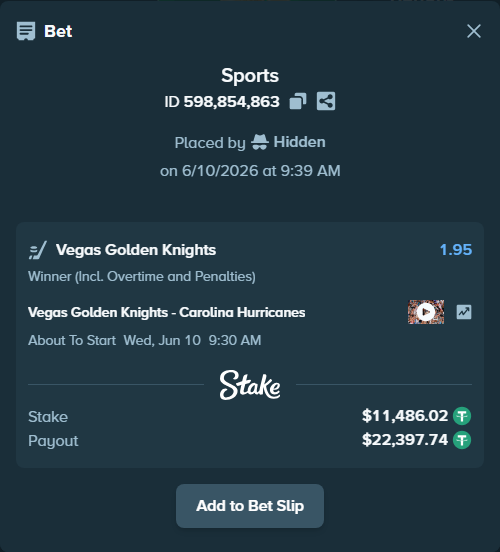 Bet slip: Vegas Golden Knights - Carolina Hurricanes, $11,497.51 stake at 1.95 odds, placed by Hidden