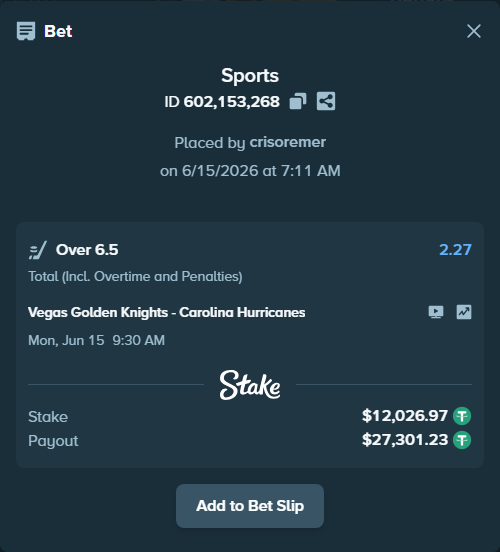 Bet slip: Vegas Golden Knights - Carolina Hurricanes, $12,039.00 stake at 2.27 odds, placed by crisoremer