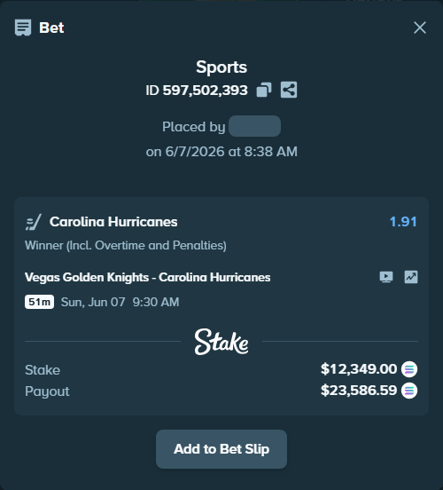 Bet slip: Vegas Golden Knights - Carolina Hurricanes, $14,685.95 stake at 1.91 odds, placed by Othmane2kiks