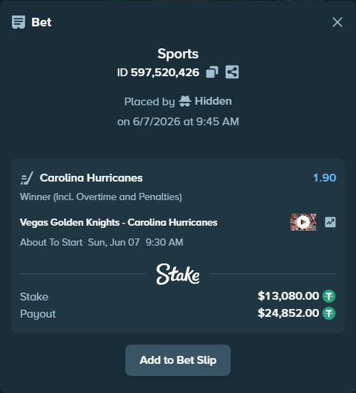 Bet slip: Vegas Golden Knights - Carolina Hurricanes, $13,080.00 stake at 1.90 odds, placed by Hidden