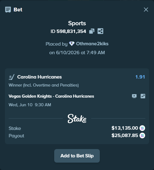 Bet slip: Vegas Golden Knights - Carolina Hurricanes, $14,830.02 stake at 1.91 odds, placed by Othmane2kiks