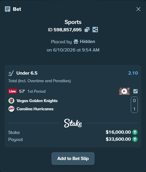 Bet slip: Vegas Golden Knights - Carolina Hurricanes, $16,000.00 stake at 2.10 odds, placed by Hidden