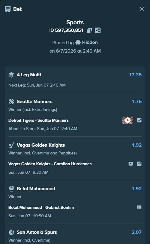Bet slip: Vegas Golden Knights - Carolina Hurricanes, $16,469.37 stake at 1.92 odds, placed by Hidden