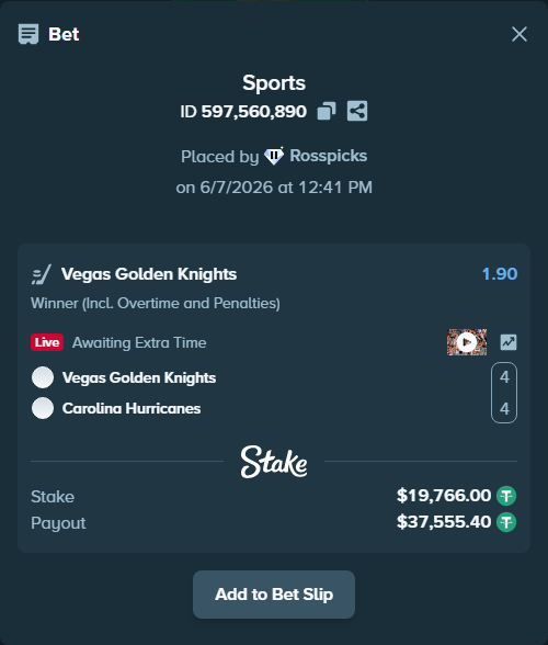 Bet slip: Vegas Golden Knights - Carolina Hurricanes, $19,766.00 stake at 1.90 odds, placed by Rosspicks