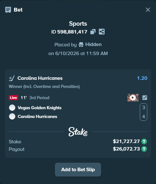 Bet slip: Vegas Golden Knights - Carolina Hurricanes, $21,749.00 stake at 1.20 odds, placed by Hidden