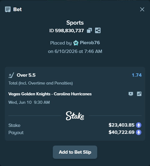 Bet slip: Vegas Golden Knights - Carolina Hurricanes, $24,589.28 stake at 1.74 odds, placed by Pierob76