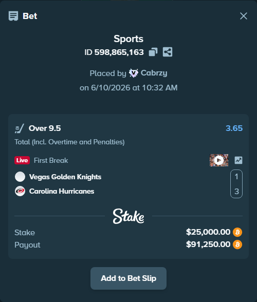 Bet slip: Vegas Golden Knights - Carolina Hurricanes, $26,069.73 stake at 3.65 odds, placed by Cabrzy