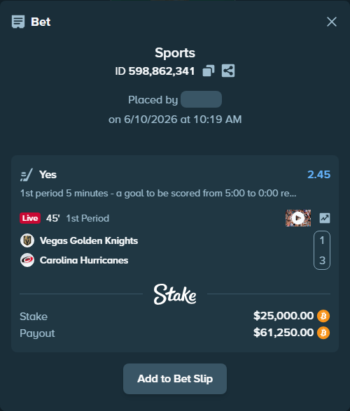 Bet slip: Vegas Golden Knights - Carolina Hurricanes, $26,182.31 stake at 2.45 odds, placed by Cabrzy