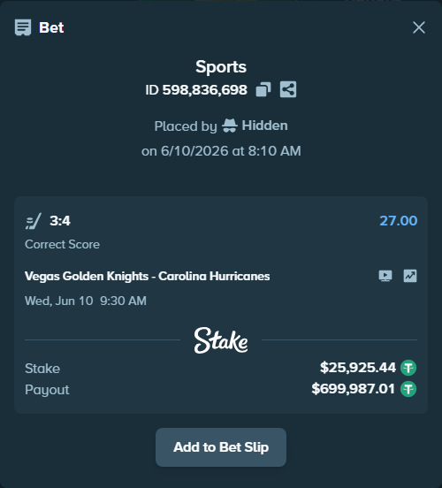 Bet slip: Vegas Golden Knights - Carolina Hurricanes, $25,951.37 stake at 27.00 odds, placed by Hidden