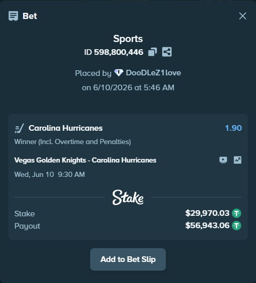 Bet slip: Vegas Golden Knights - Carolina Hurricanes, $30,000.00 stake at 1.90 odds, placed by DooDLeZ1love