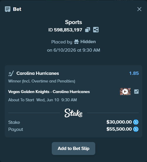 Bet slip: Vegas Golden Knights - Carolina Hurricanes, $30,000.00 stake at 1.85 odds, placed by Hidden