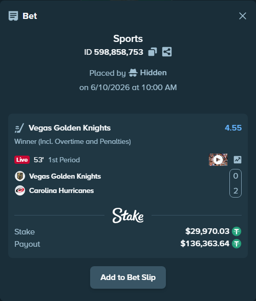 Bet slip: Vegas Golden Knights - Carolina Hurricanes, $30,000.00 stake at 4.55 odds, placed by Hidden
