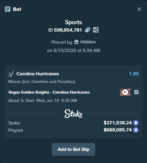Bet slip: Vegas Golden Knights - Carolina Hurricanes, $392,970.49 stake at 1.85 odds, placed by Hidden