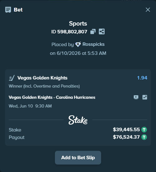 Bet slip: Vegas Golden Knights - Carolina Hurricanes, $39,485.00 stake at 1.94 odds, placed by Rosspicks