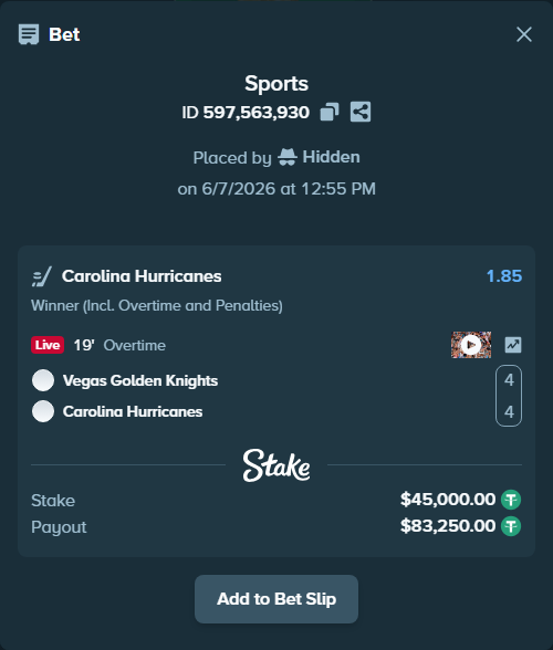Bet slip: Vegas Golden Knights - Carolina Hurricanes, $45,000.00 stake at 1.85 odds, placed by Hidden