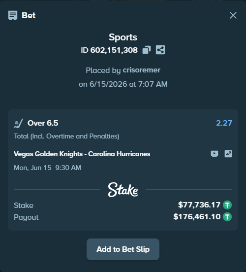 Bet slip: Vegas Golden Knights - Carolina Hurricanes, $77,813.91 stake at 2.27 odds, placed by crisoremer