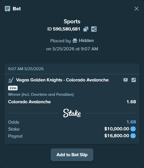 Bet slip: Vegas Golden Knights - Colorado Avalanche, $10,000.00 stake at 1.68 odds, placed by Hidden