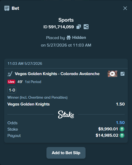 Bet slip: Vegas Golden Knights - Colorado Avalanche, $10,000.00 stake at 1.50 odds, placed by Hidden