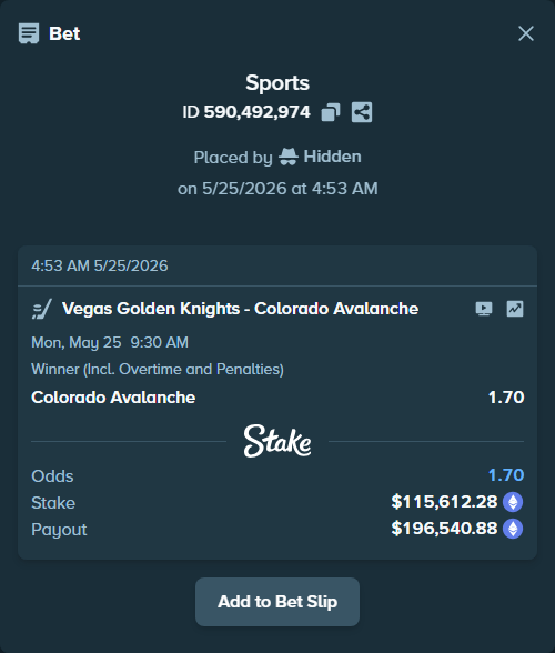 Bet slip: Vegas Golden Knights - Colorado Avalanche, $95,562.44 stake at 1.70 odds, placed by Hidden