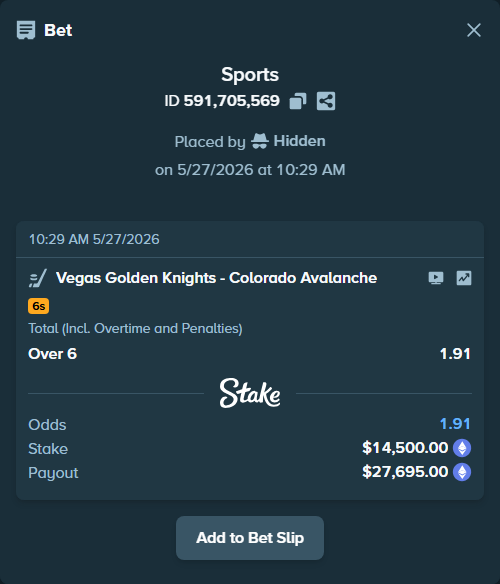 Bet slip: Vegas Golden Knights - Colorado Avalanche, $12,083.44 stake at 1.91 odds, placed by Hidden