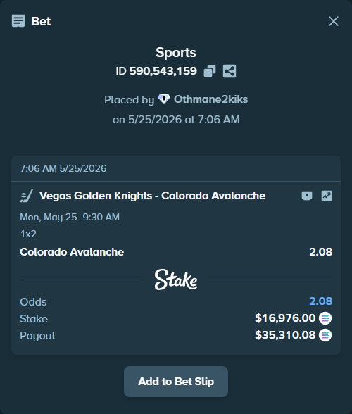 Bet slip: Vegas Golden Knights - Colorado Avalanche, $14,692.79 stake at 2.08 odds, placed by Othmane2kiks