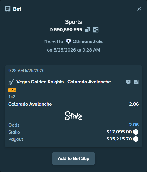 Bet slip: Vegas Golden Knights - Colorado Avalanche, $14,707.94 stake at 2.06 odds, placed by Othmane2kiks