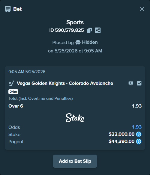 Bet slip: Vegas Golden Knights - Colorado Avalanche, $23,000.00 stake at 1.93 odds, placed by Hidden