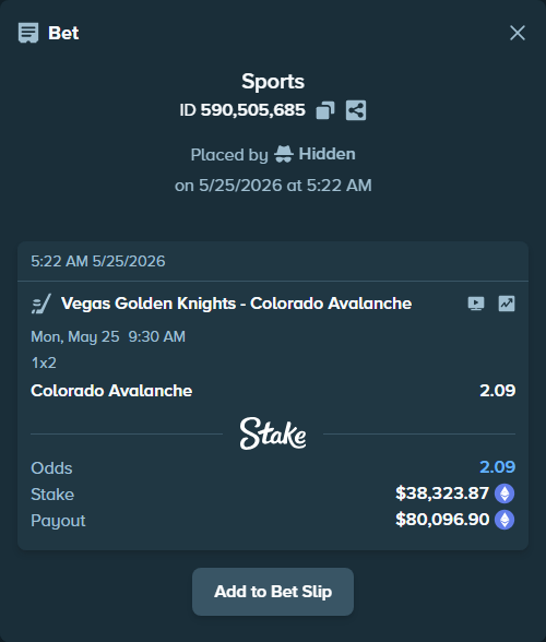 Bet slip: Vegas Golden Knights - Colorado Avalanche, $31,710.86 stake at 2.09 odds, placed by Hidden