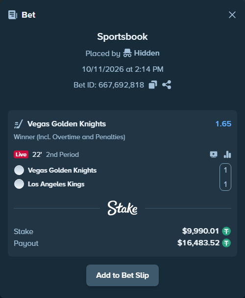 Bet slip: Vegas Golden Knights - Los Angeles Kings, $10,000.00 stake at 1.65 odds, placed by luckysevenfr