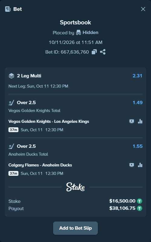 Bet slip: Vegas Golden Knights - Los Angeles Kings, $16,516.50 stake at 1.49 odds, placed by Hidden