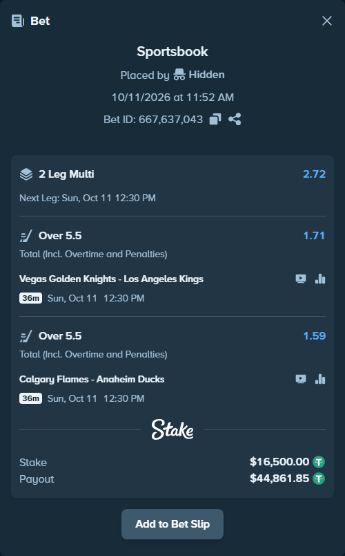 Bet slip: Vegas Golden Knights - Los Angeles Kings, $16,516.50 stake at 1.71 odds, placed by Hidden