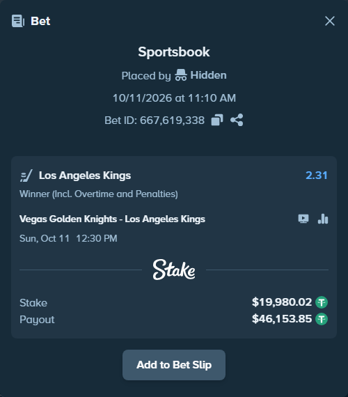 Bet slip: Vegas Golden Knights - Los Angeles Kings, $20,000.00 stake at 2.31 odds, placed by Hidden