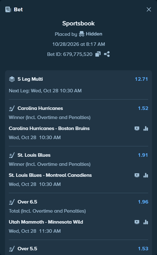 Bet slip: Vegas Golden Knights - Ottawa Senators, $28,000.00 stake at 1.53 odds, placed by Hidden