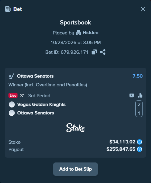 Bet slip: Vegas Golden Knights - Ottawa Senators, $34,113.02 stake at 7.50 odds, placed by Hidden