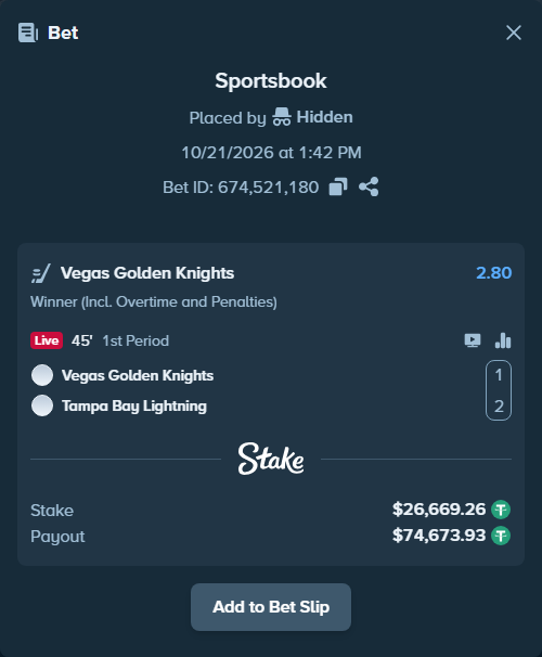 Bet slip: Vegas Golden Knights - Tampa Bay Lightning, $26,695.93 stake at 2.80 odds, placed by Hidden