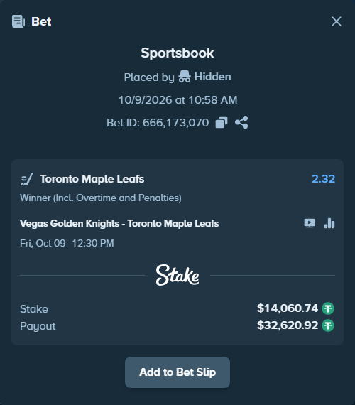 Bet slip: Vegas Golden Knights - Toronto Maple Leafs, $14,074.80 stake at 2.32 odds, placed by XposedTwirch