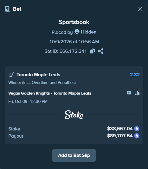 Bet slip: Vegas Golden Knights - Toronto Maple Leafs, $39,017.07 stake at 2.32 odds, placed by XposedTwirch