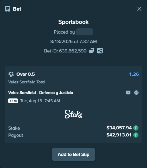 Bet slip: Velez Sarsfield - Defensa y Justicia, $34,092.00 stake at 1.26 odds, placed by SH7N28