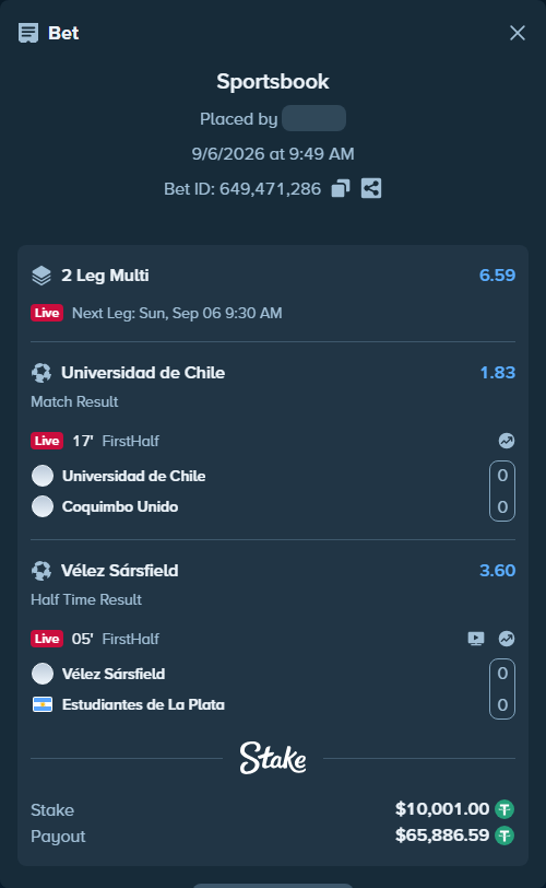 Bet slip: Velez Sarsfield - Estudiantes La Plata, $10,000.00 stake at 3.60 odds, placed by KOHINUR7474