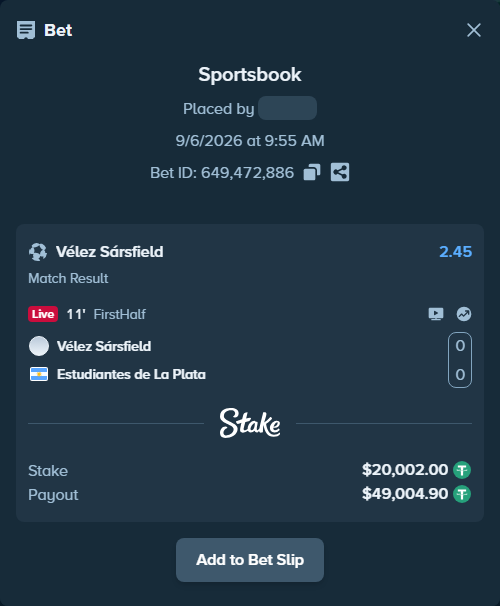Bet slip: Velez Sarsfield - Estudiantes La Plata, $20,000.00 stake at 2.45 odds, placed by KOHINUR7474