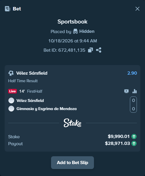 Bet slip: Velez Sarsfield - Gimnasia Mendoza, $10,000.00 stake at 2.90 odds, placed by Agus1033