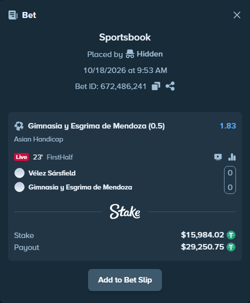 Bet slip: Velez Sarsfield - Gimnasia Mendoza, $16,000.00 stake at 1.83 odds, placed by Reyes32