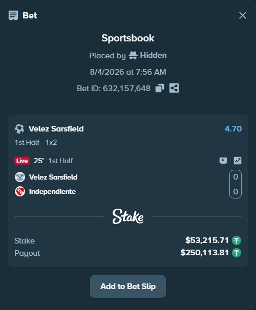 Bet slip: Velez Sarsfield - Independiente, $53,268.92 stake at 4.70 odds, placed by Hidden