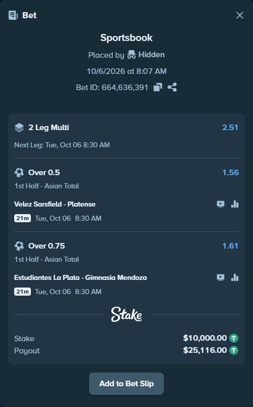 Bet slip: Velez Sarsfield - Platense, $10,000.00 stake at 1.56 odds, placed by Hidden