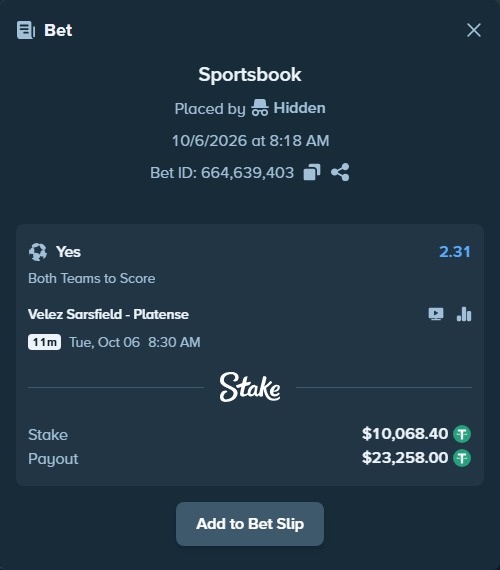 Bet slip: Velez Sarsfield - Platense, $10,068.40 stake at 2.31 odds, placed by Hidden