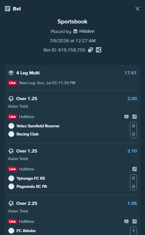 Bet slip: Velez Sarsfield Reserve - Racing Club Avellaneda, $11,019.14 stake at 2.00 odds, placed by Hidden