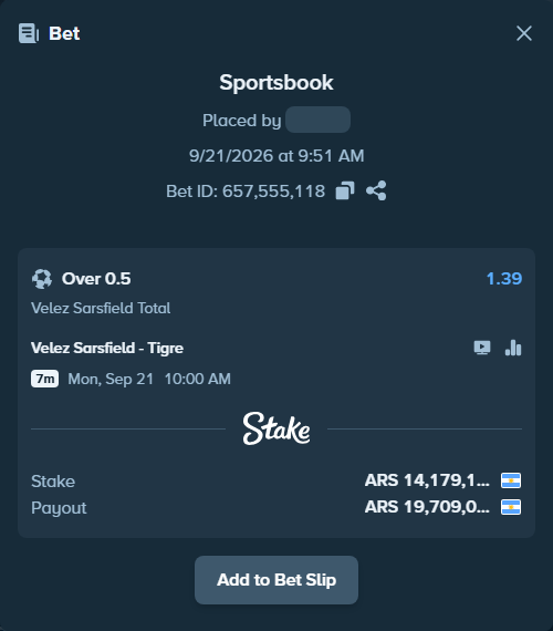 Bet slip: Velez Sarsfield - Tigre, $15,597.06 stake at 1.39 odds, placed by JuanGoroski